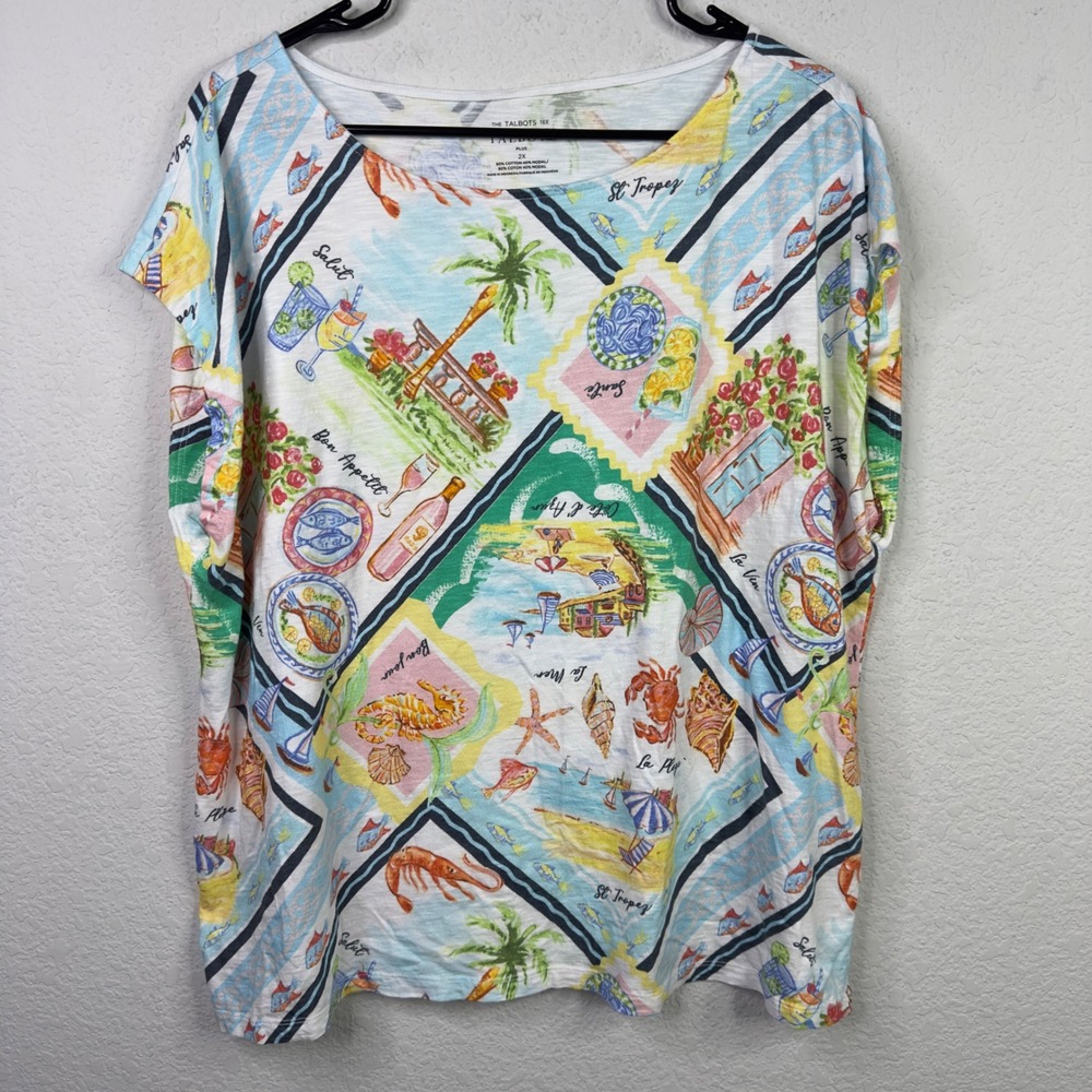 Talbots Shirt Womens 2X Colorful Coastal French Riviera Summer Vacation Beachy